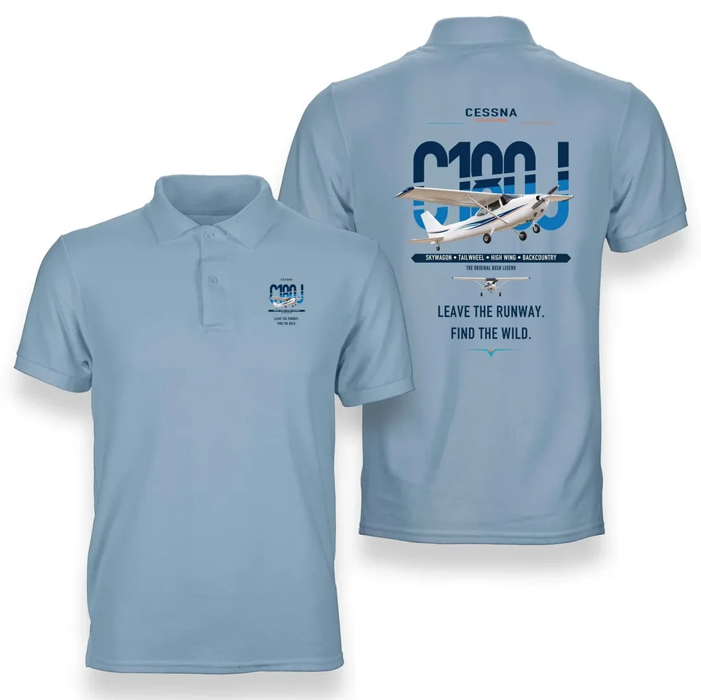 Cessna 180J Skywagon design on light blue double-side polo t-shirt, double-side print