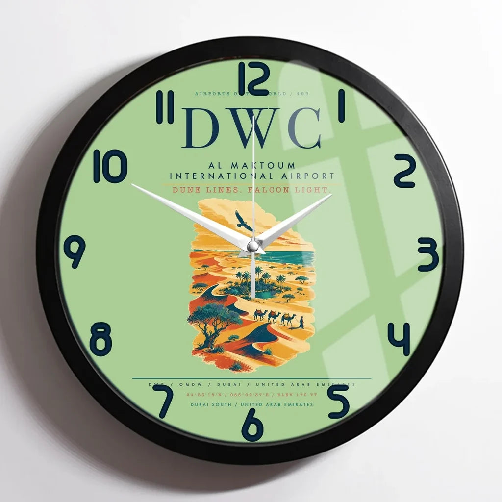 Al Maktoum International Airport (DWC) design on light green framed wall clock