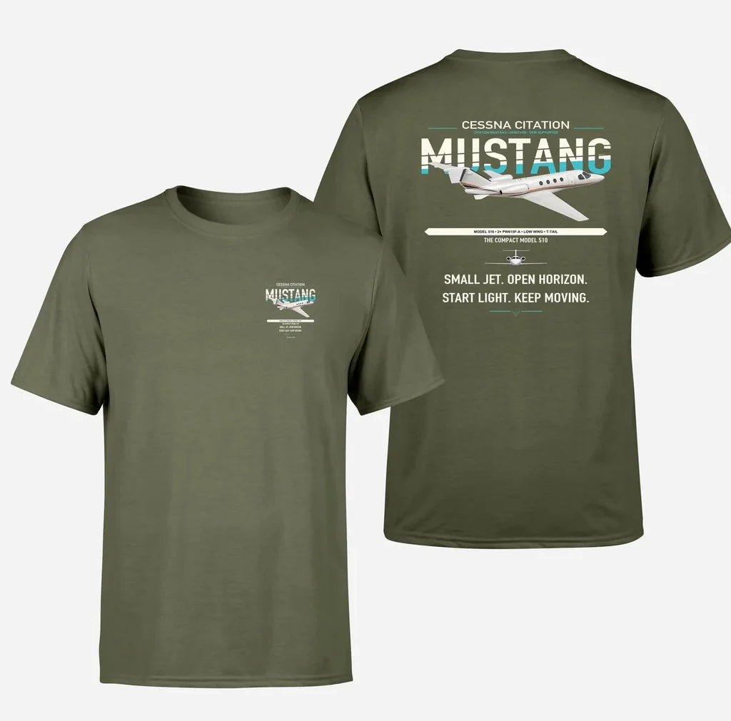 Cessna Citation Mustang design on green army double-side t-shirt, double-side print
