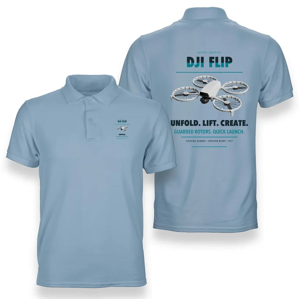 DJI Flip design on light blue polo
