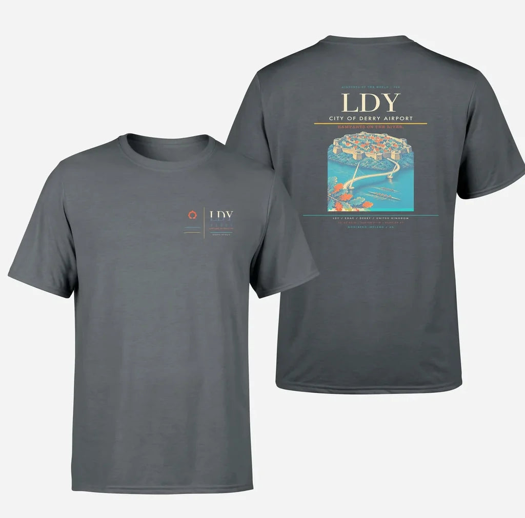 City of Derry Airport (LDY) design printed on gray double-side t-shirt