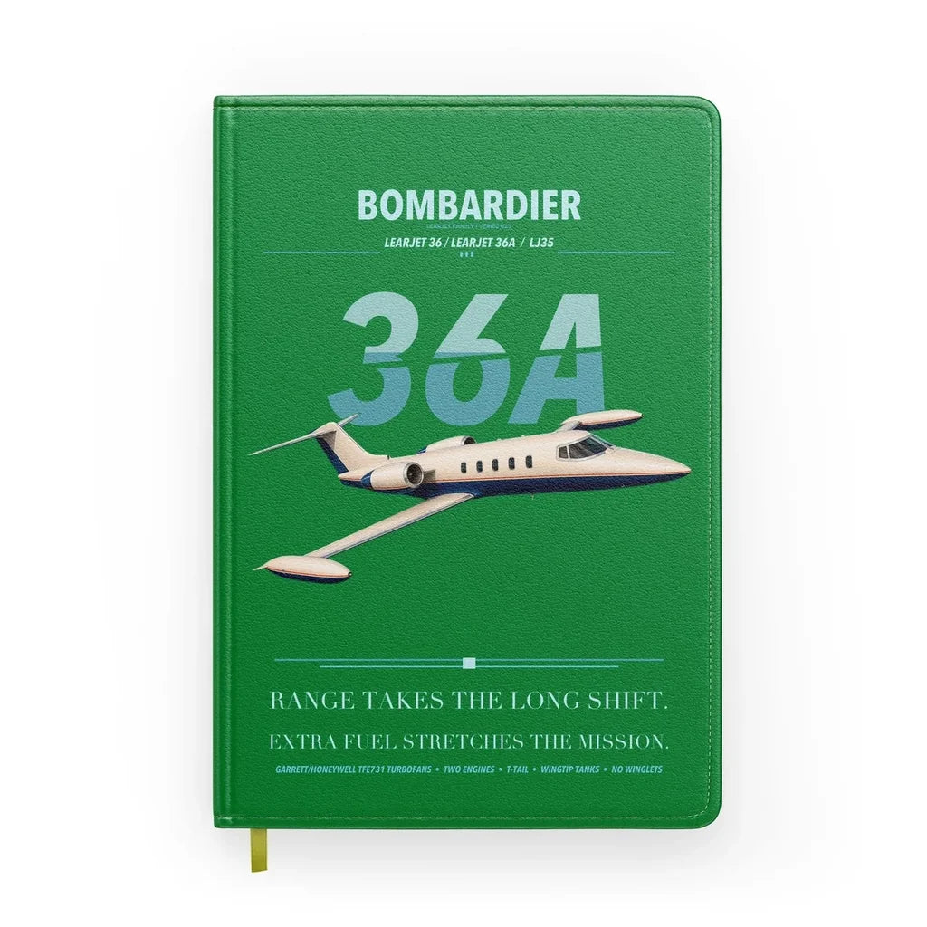 Bombardier Learjet 36A design on green notebook