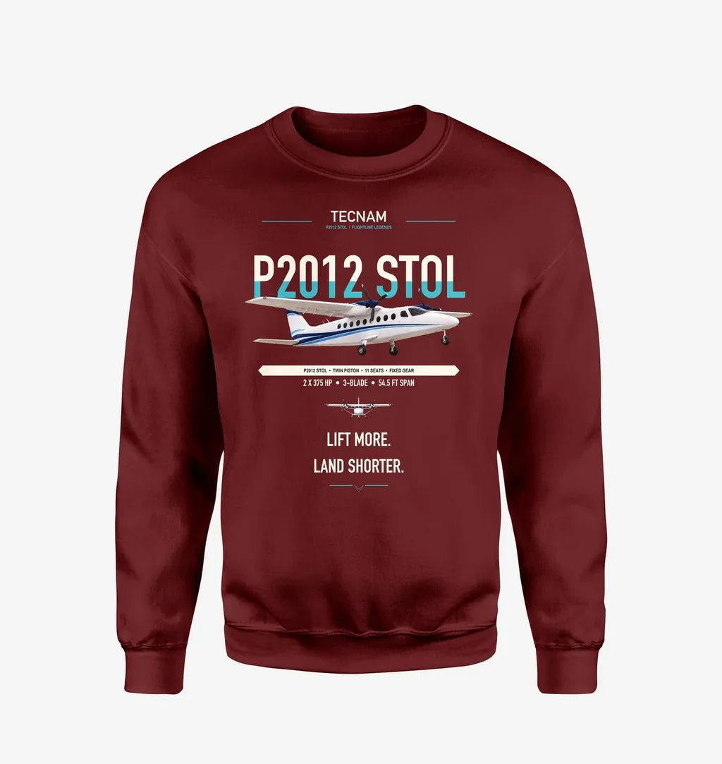 Tecnam P2012 STOL design on wine red sweatshirt