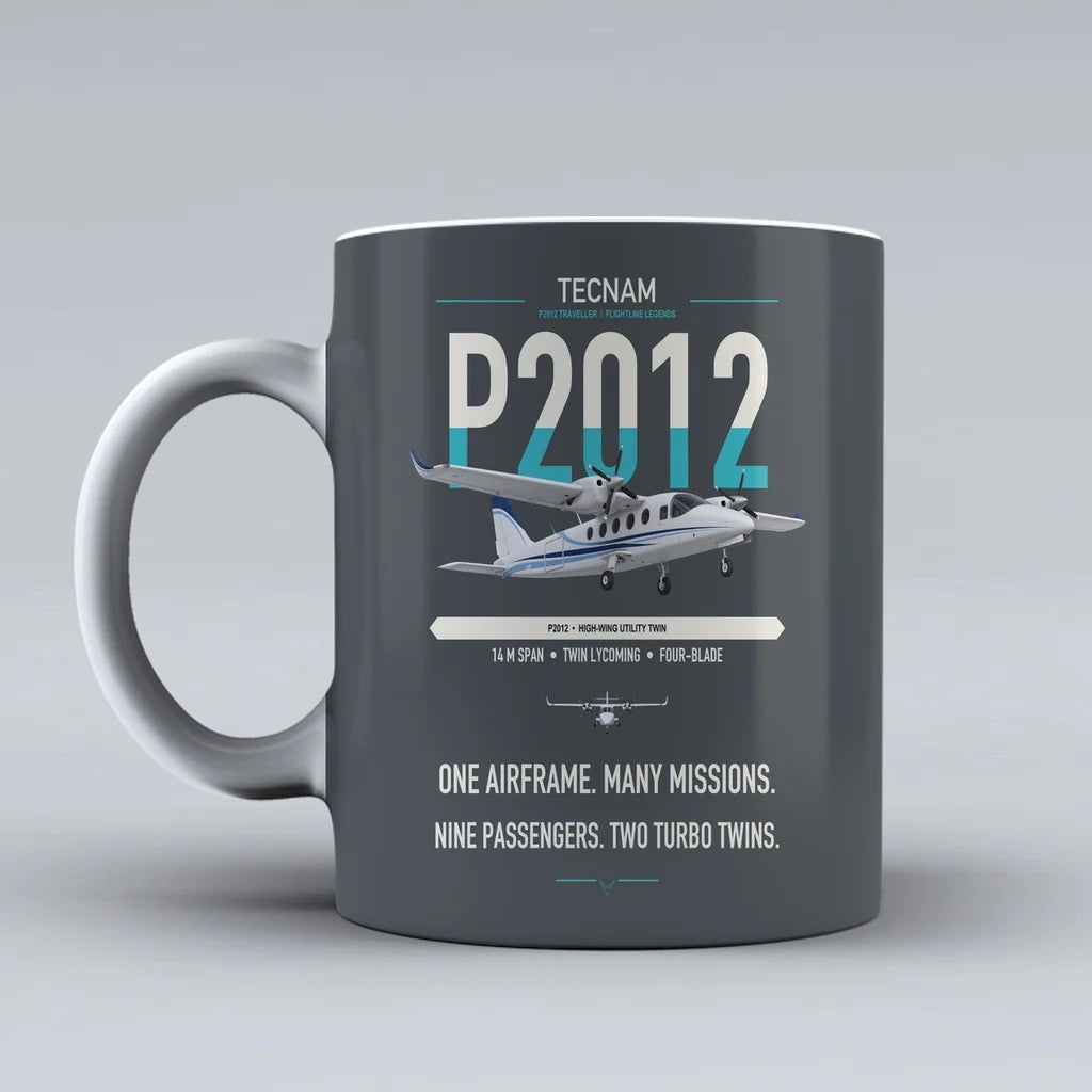 Tecnam P2012 Traveller design on gray ceramic mug, double-side print