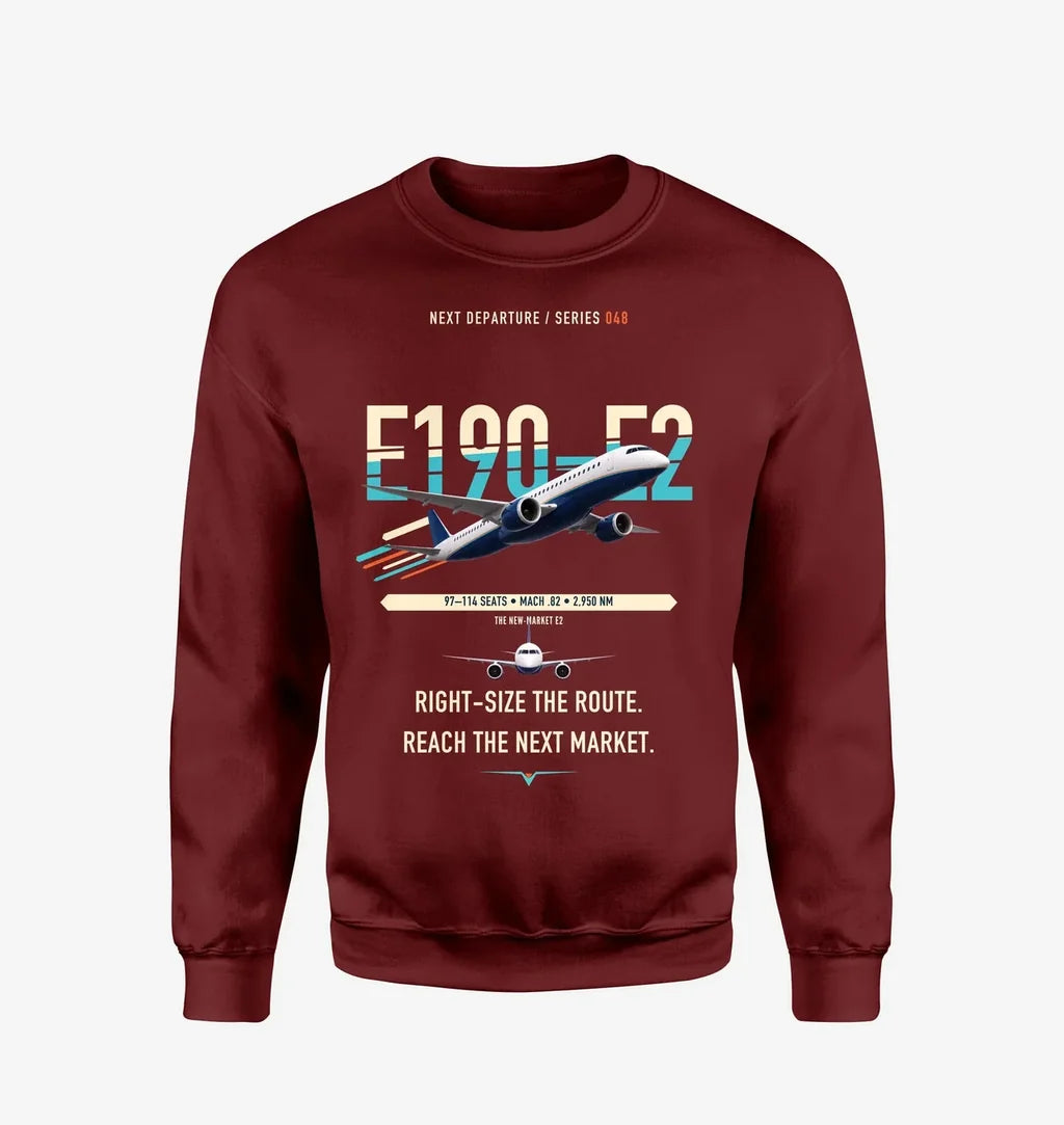 Embraer E190-E2 design on wine red sweatshirt