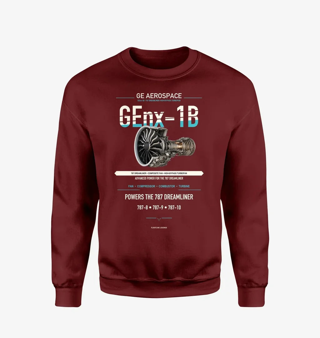 GEnx-1B design on wine red sweatshirt