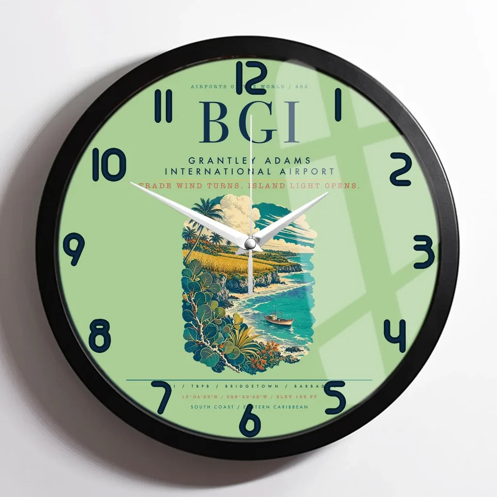 Grantley Adams International Airport (BGI) design on light green framed wall clock