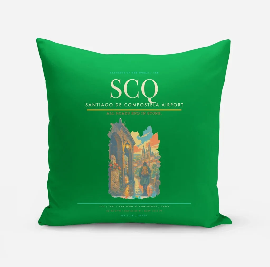 Santiago de Compostela Airport (SCQ) design on green pillow
