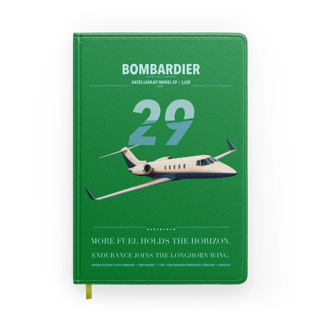 Bombardier Learjet 29 design on green notebook