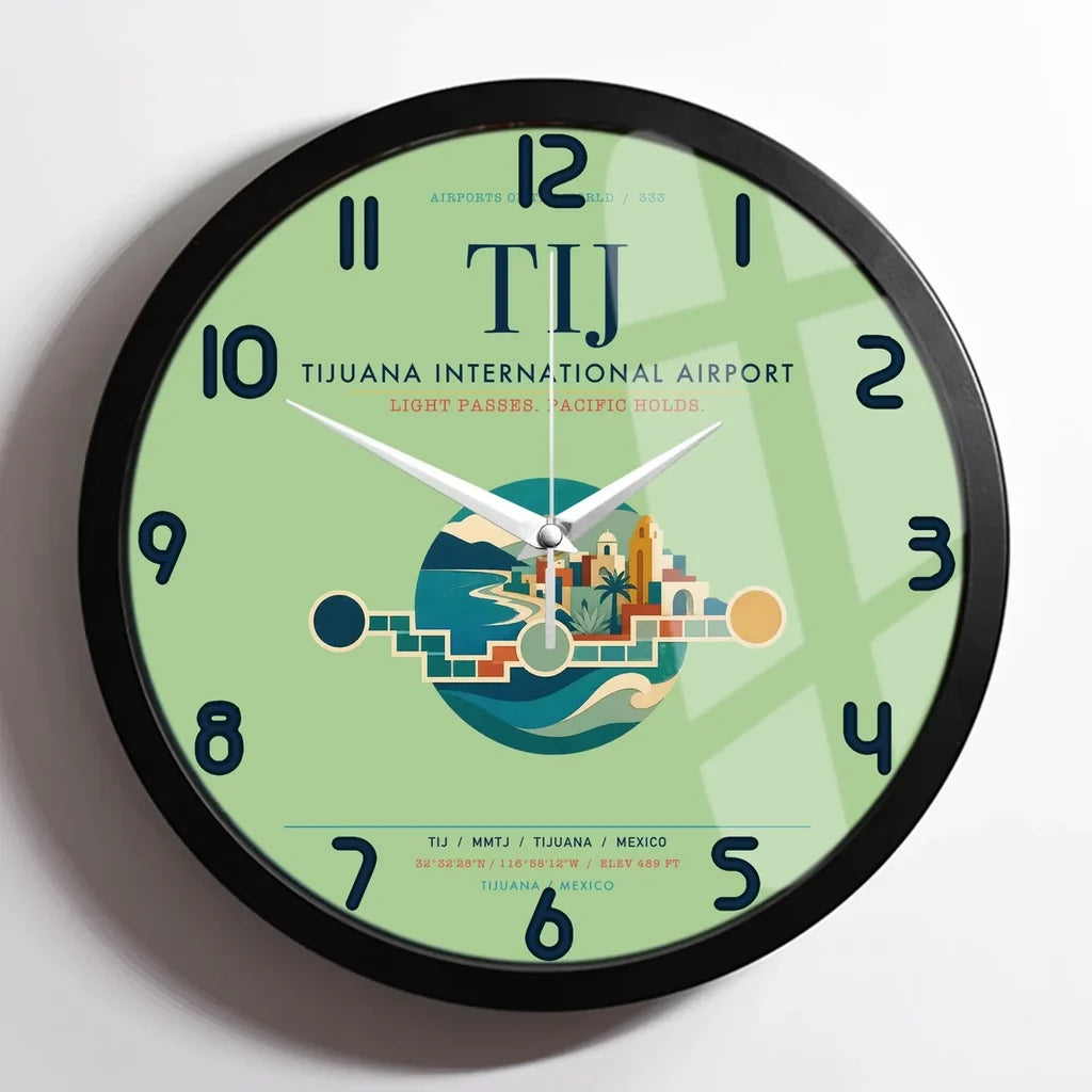 Tijuana International Airport (TIJ) design on light green framed wall clock