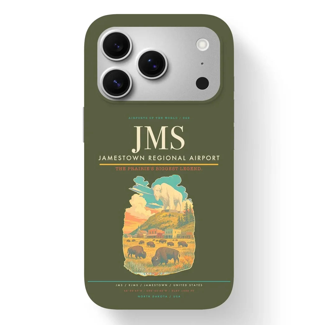 Jamestown Airport (JMS) design on green army iPhone 17 Pro MagSafe case