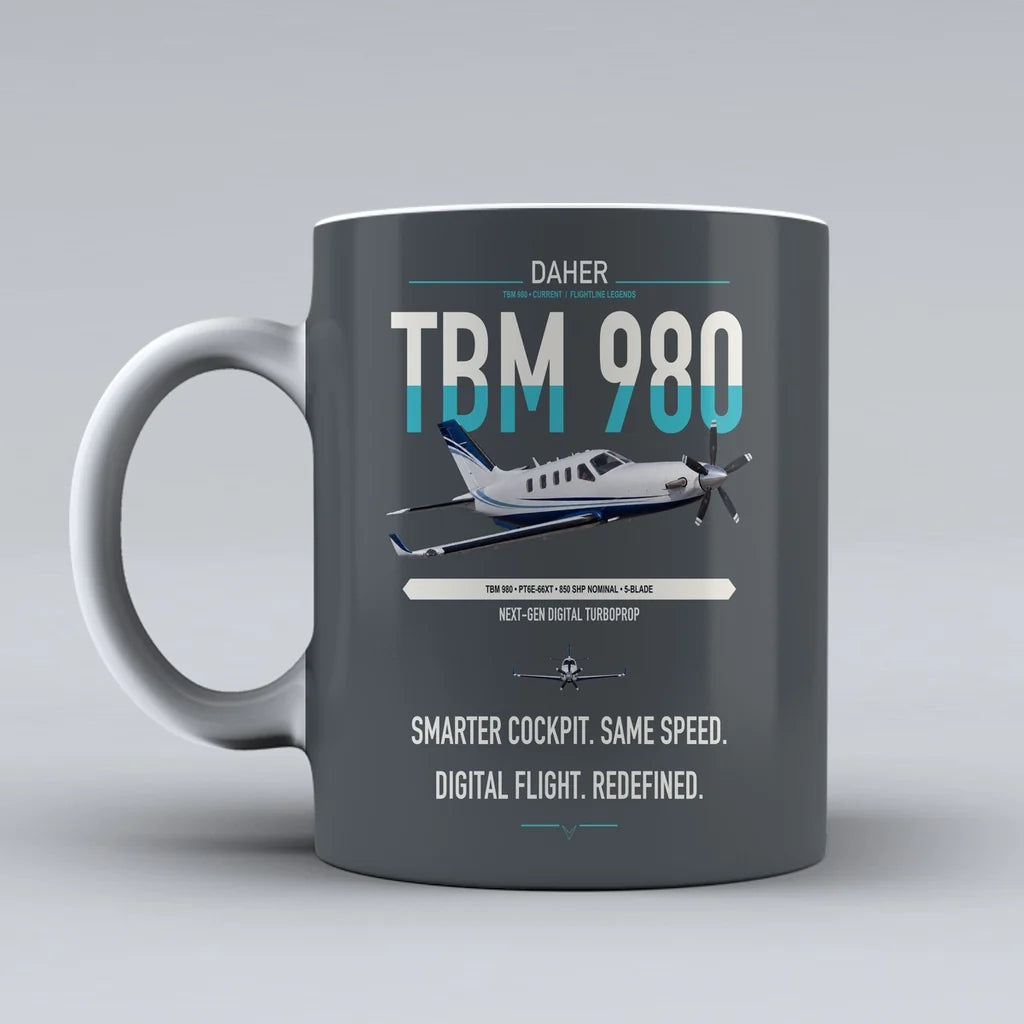 Daher TBM 980 design on gray ceramic mug, double-side print