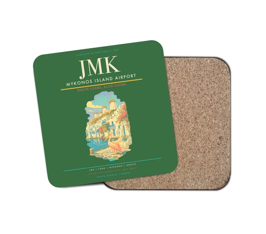 Mykonos Island Airport (JMK) design on green 1 piece coaster
