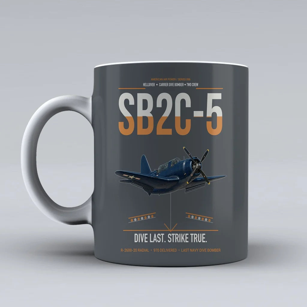 SB2C-5 Helldiver design on gray ceramic mug, double-side print