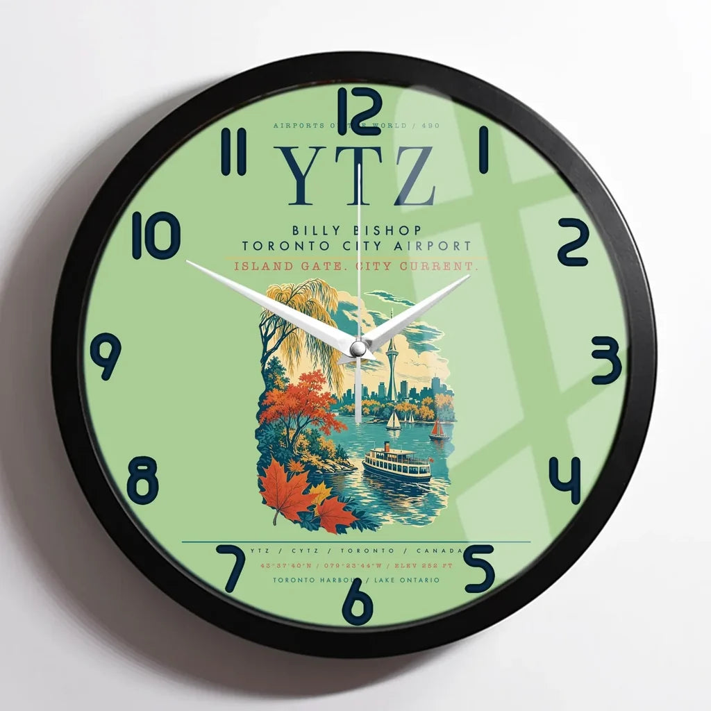 Billy Bishop Toronto City Airport (YTZ) design on light green framed wall clock