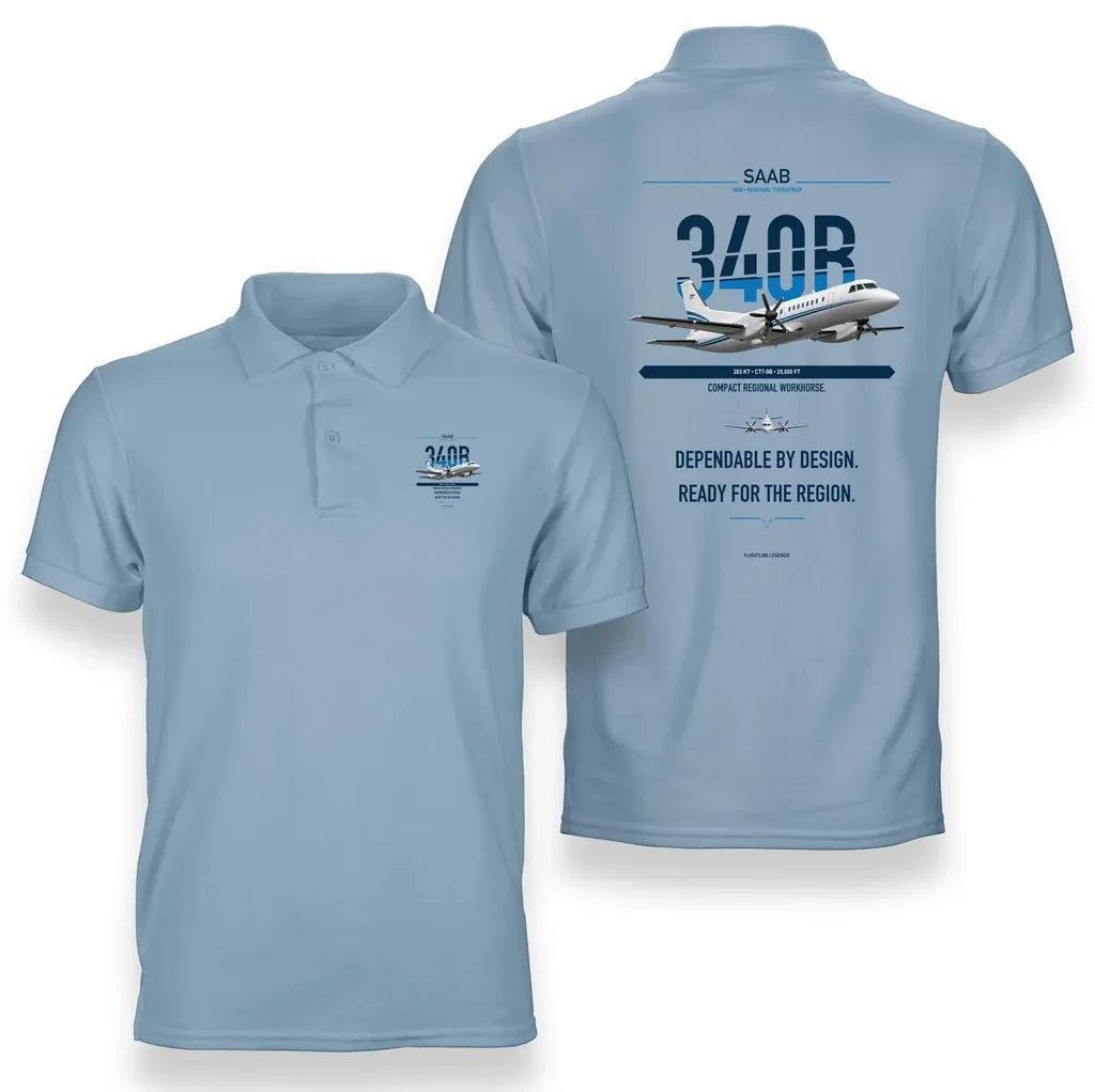 Saab 340B design on light blue polo