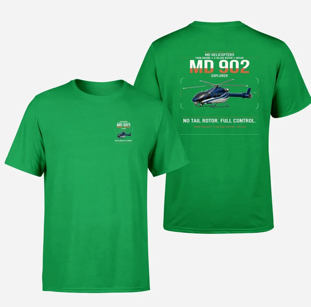 MD Helicopters MD 902 Explorer design on green t-shirt, double-side print