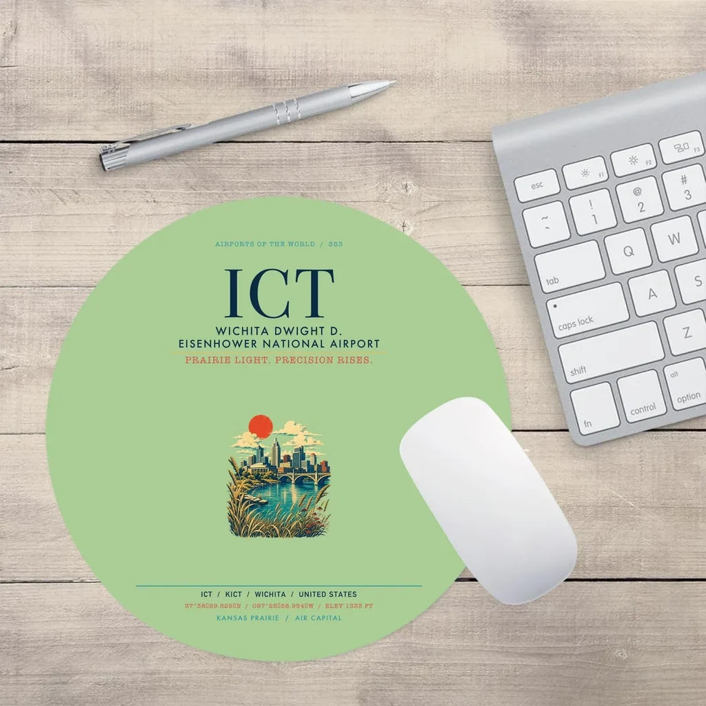 Wichita Dwight D. Eisenhower National Airport (ICT) design on light green round mouse pad