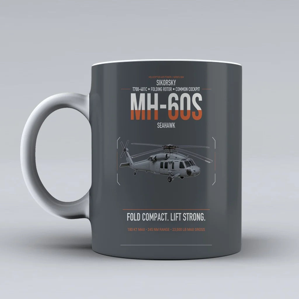 Sikorsky MH-60S Seahawk design on gray ceramic mug, double-side print