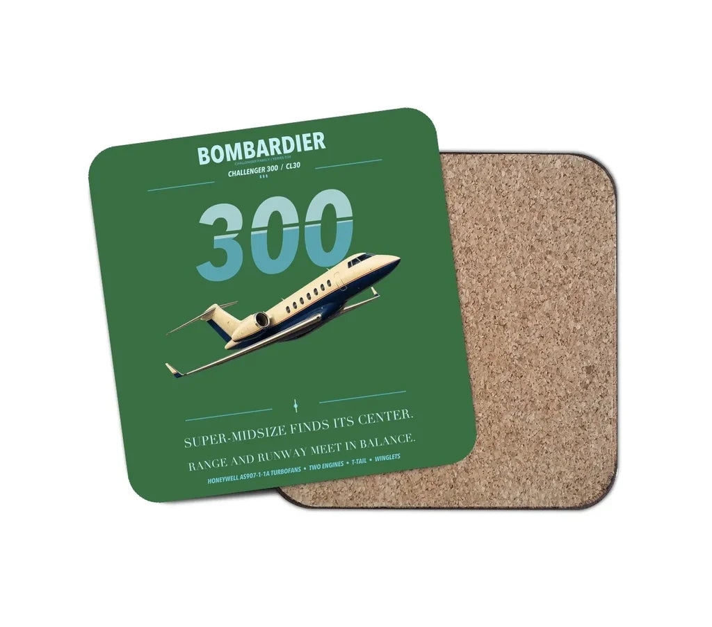 Bombardier Challenger 300 design on green 1 piece coaster