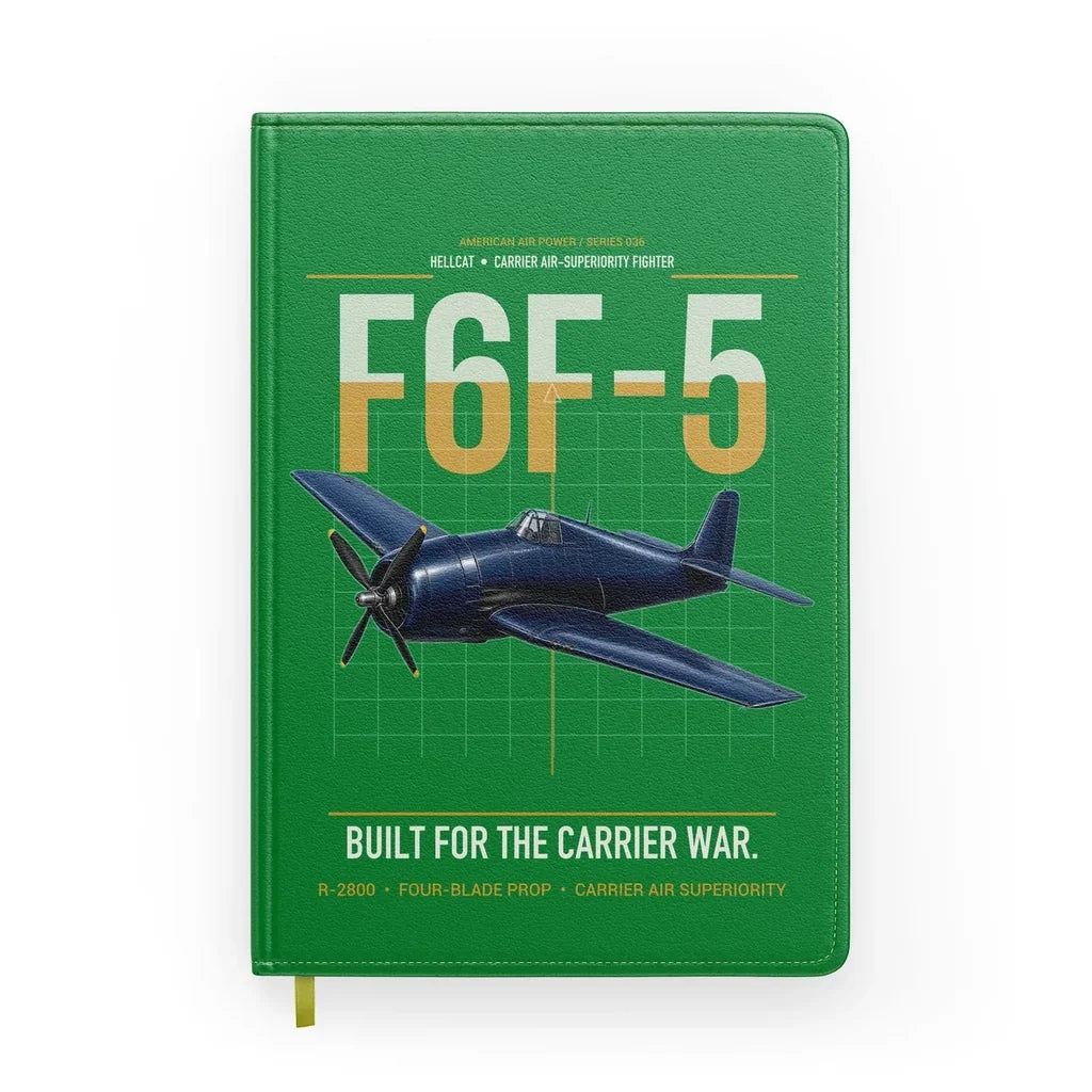 F6F-5 Hellcat design on green notebook