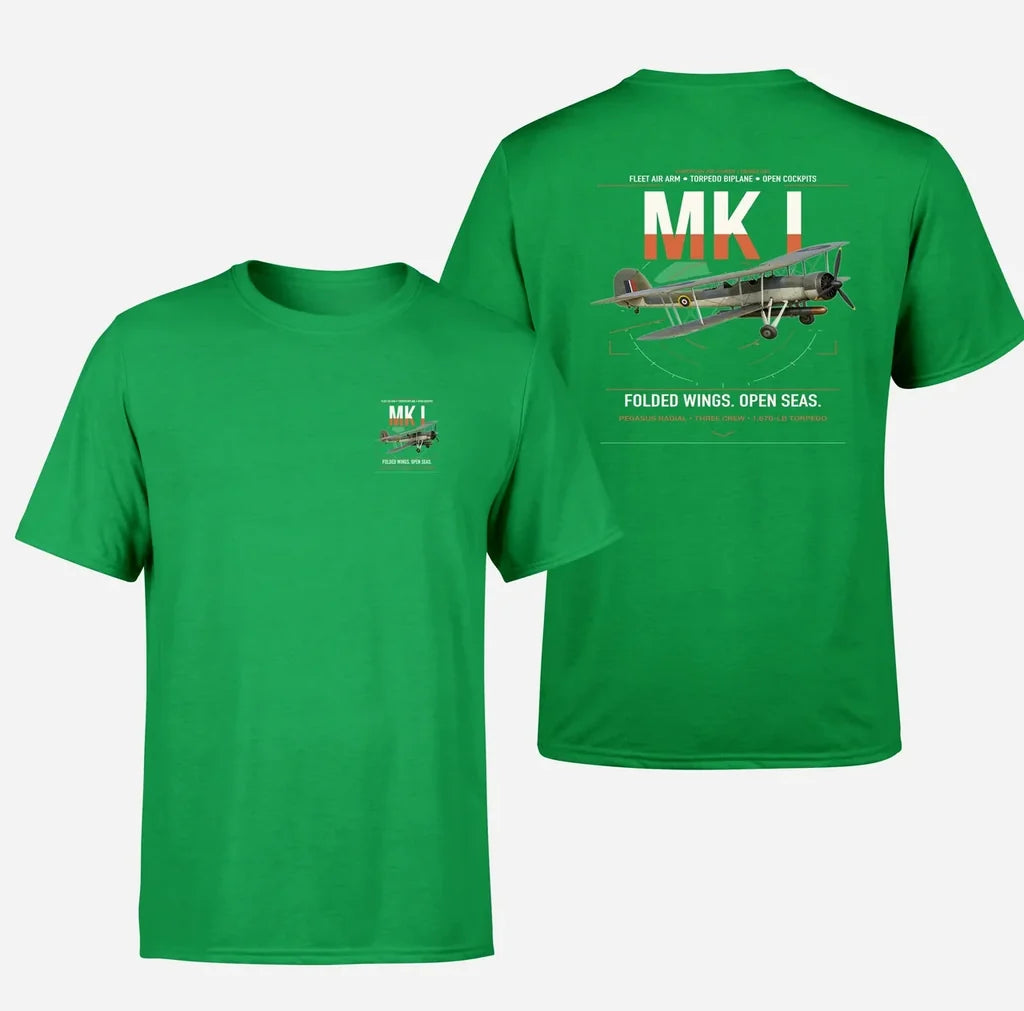 Fairey Swordfish Mk I design on green t-shirt, double-side print
