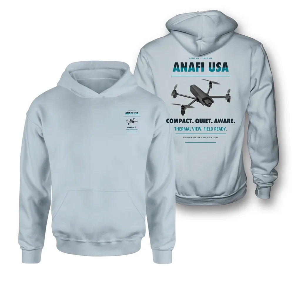 Parrot ANAFI USA design on light blue hoodie