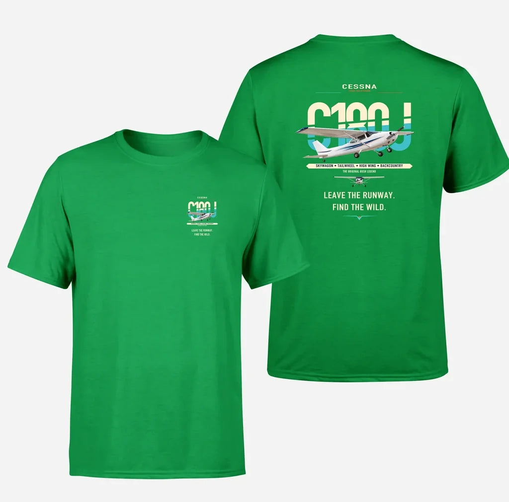 Cessna 180J Skywagon design on green t-shirt, double-side print