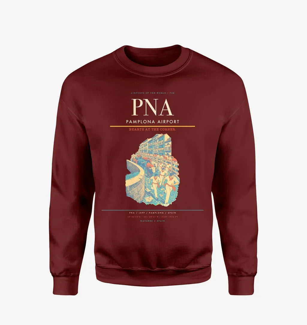 Pamplona Airport (PNA) design on wine red sweatshirt