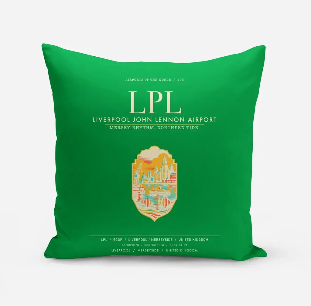 Liverpool John Lennon Airport (LPL) design on green pillow
