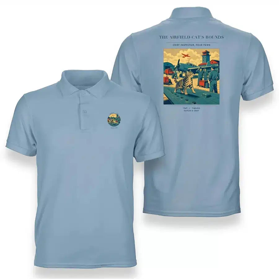 VINTAGE G4456 - The Airfield Cat's Rounds - Double-Side Polo T-Shirt design on lightblue