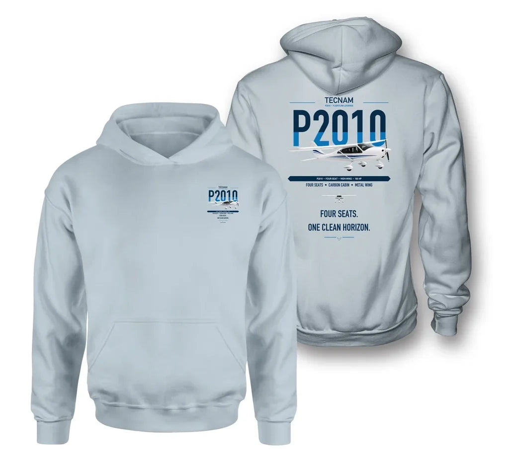 Tecnam P2010 design on light blue double-side hoodie, double-side print