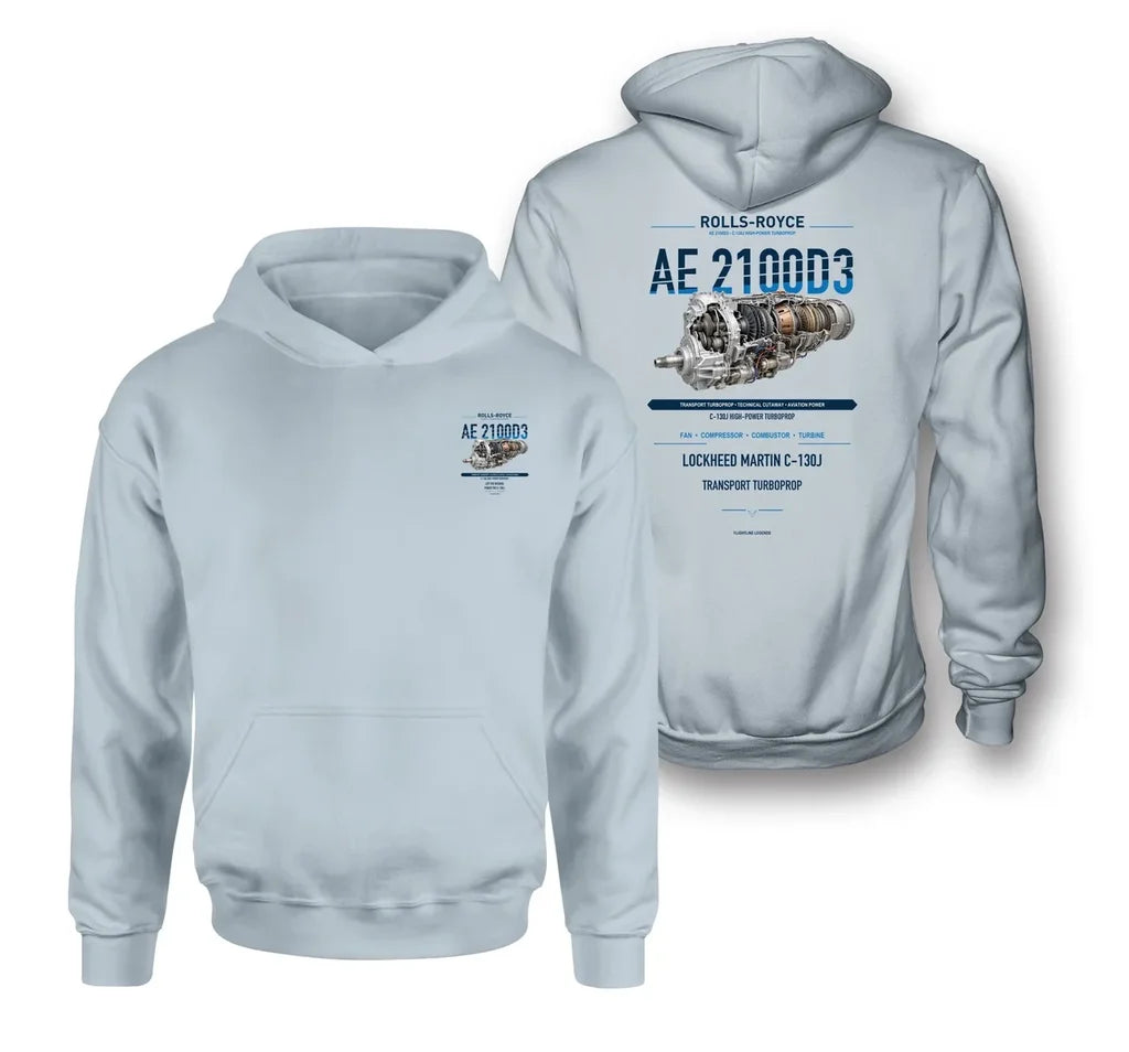 AE 2100D3 design on light blue hoodie
