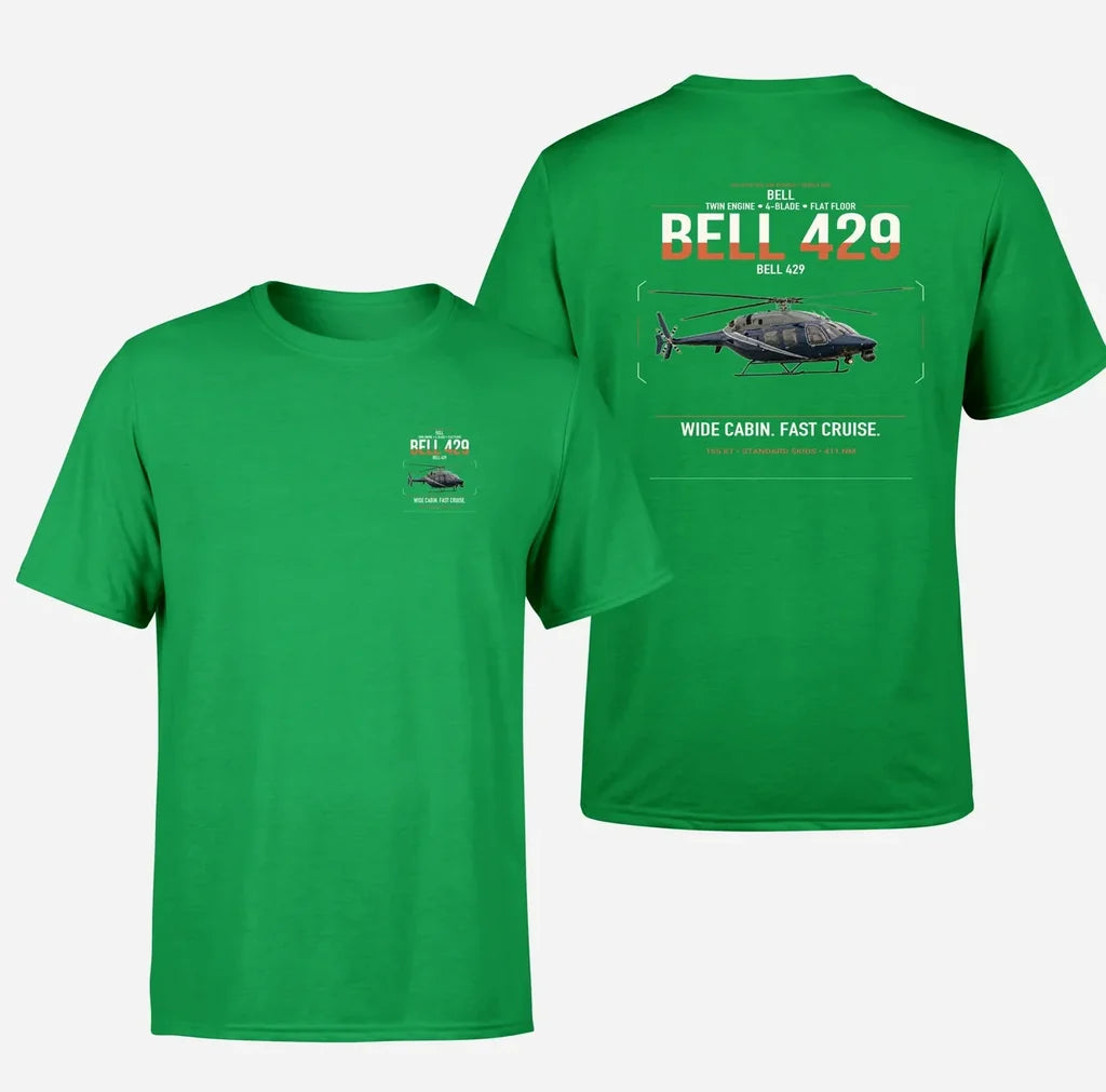 Bell 429 design on green t-shirt, double-side print