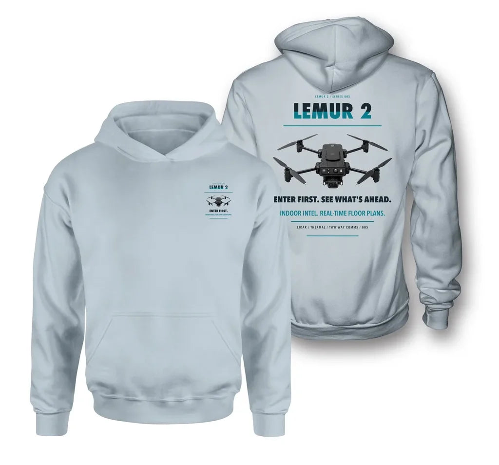 BRINC LEMUR 2 design on light blue hoodie