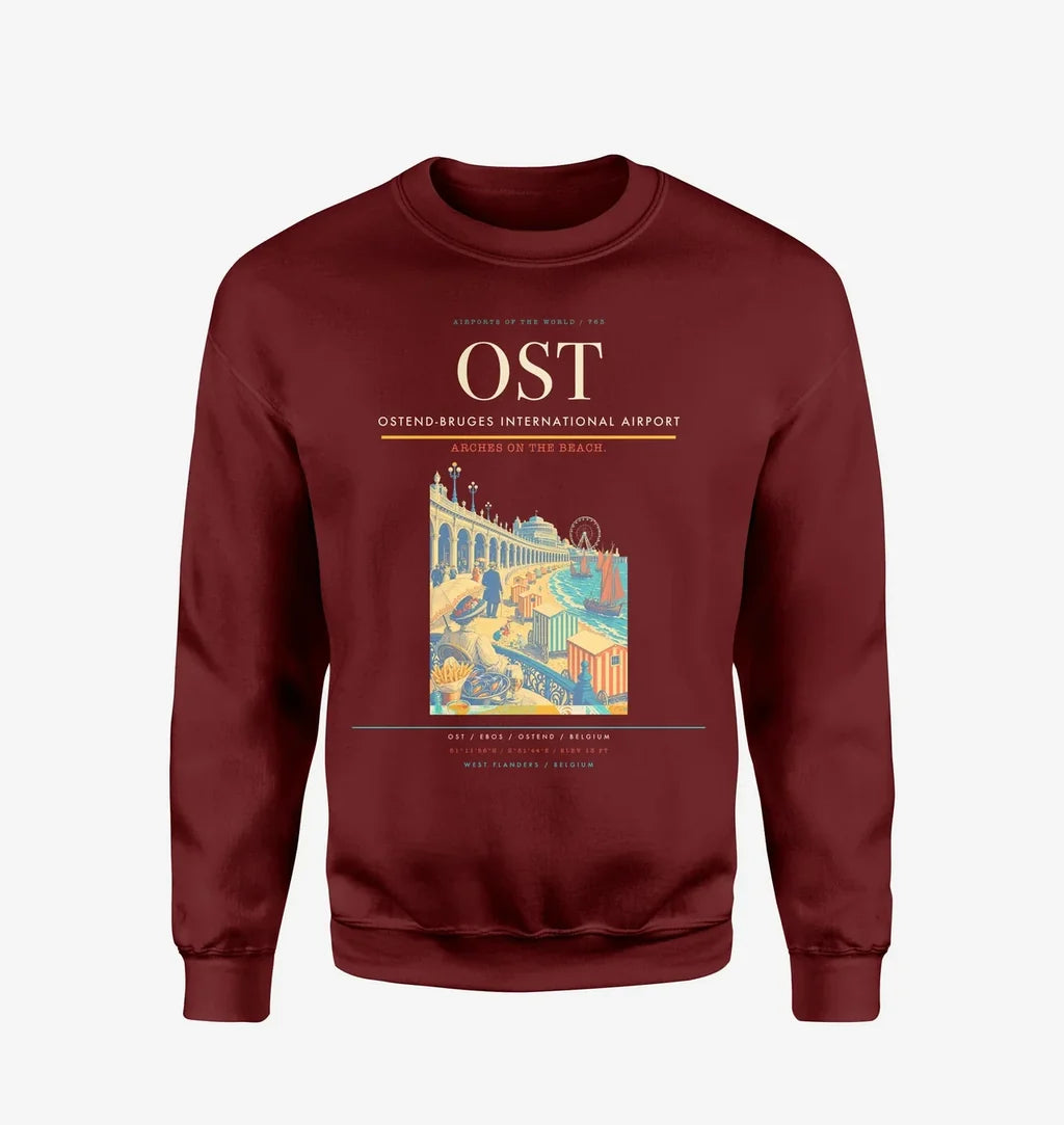 Ostend-Bruges International Airport (OST) design on wine red sweatshirt