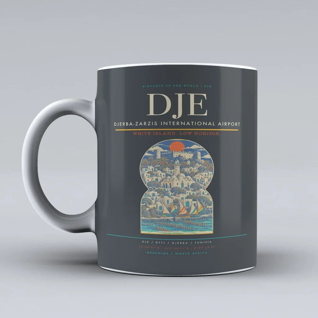 International Airport DJE Mug design on gray djerba zarzis