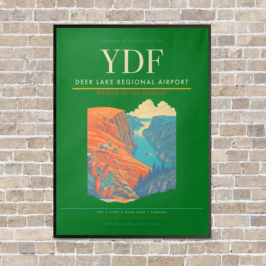 Deer Lake Regional Airport YDF vertical canvas print - framed - green background