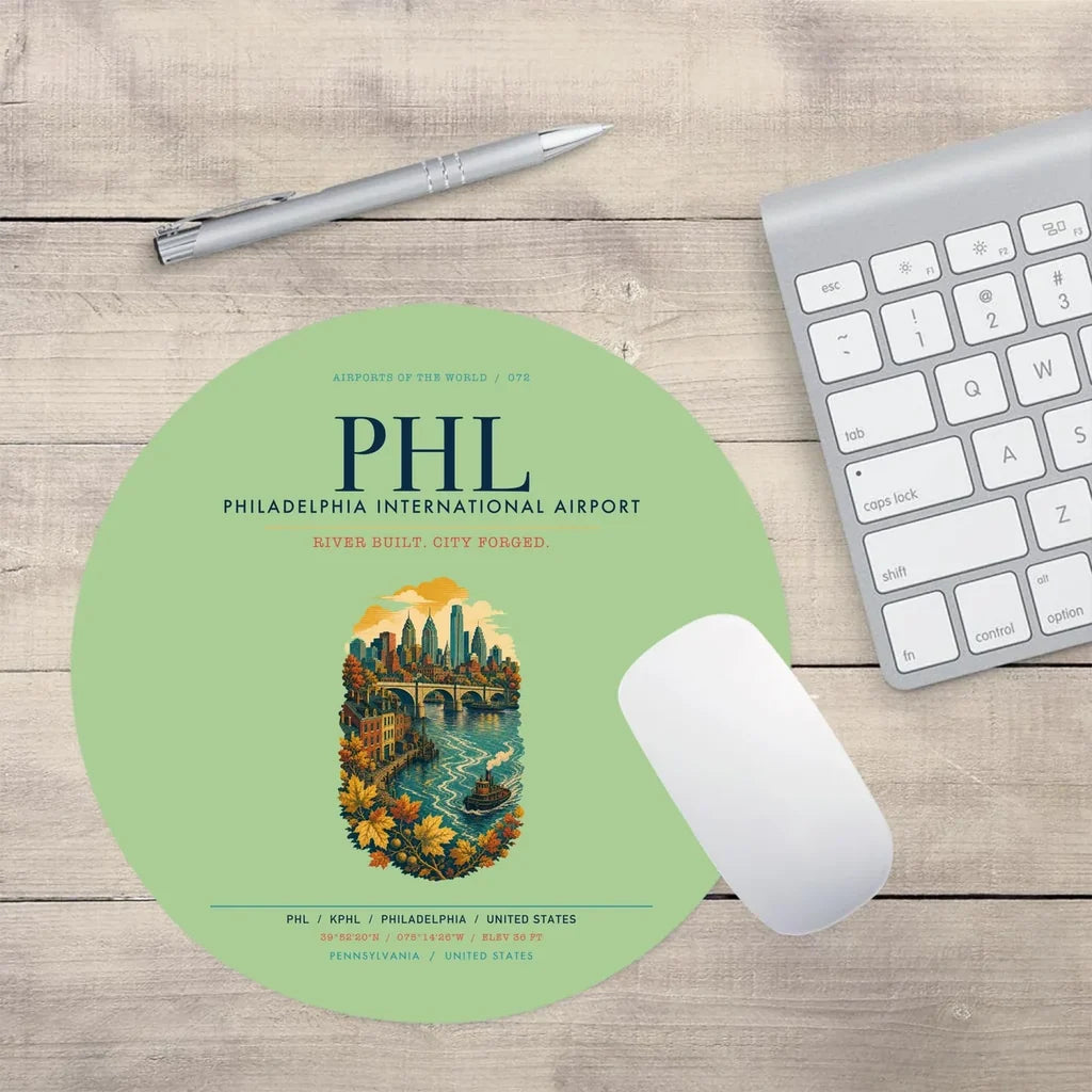 Philadelphia International Airport (PHL) design on light green round mouse pad