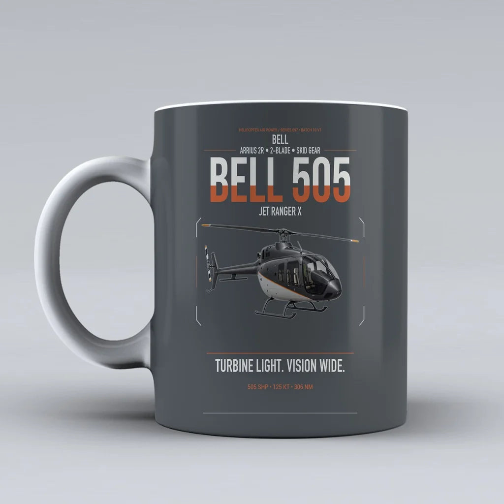 Bell 505 Jet Ranger X design on gray ceramic mug, double-side print