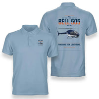 Thumbnail for Bell 505 design on light blue double-side polo t-shirt, double-side print
