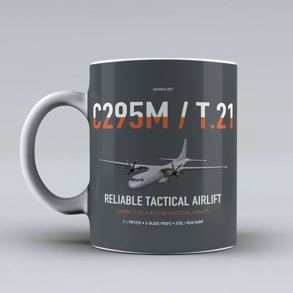 Airbus C295M T.21 design on gray ceramic mug, double-side print