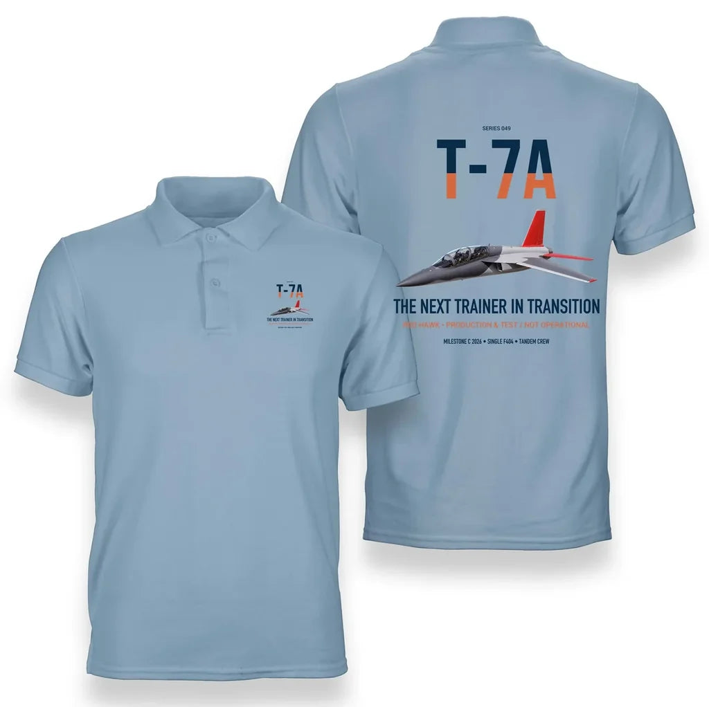 T-7A Red Hawk design on light blue double-side polo t-shirt, double-side print
