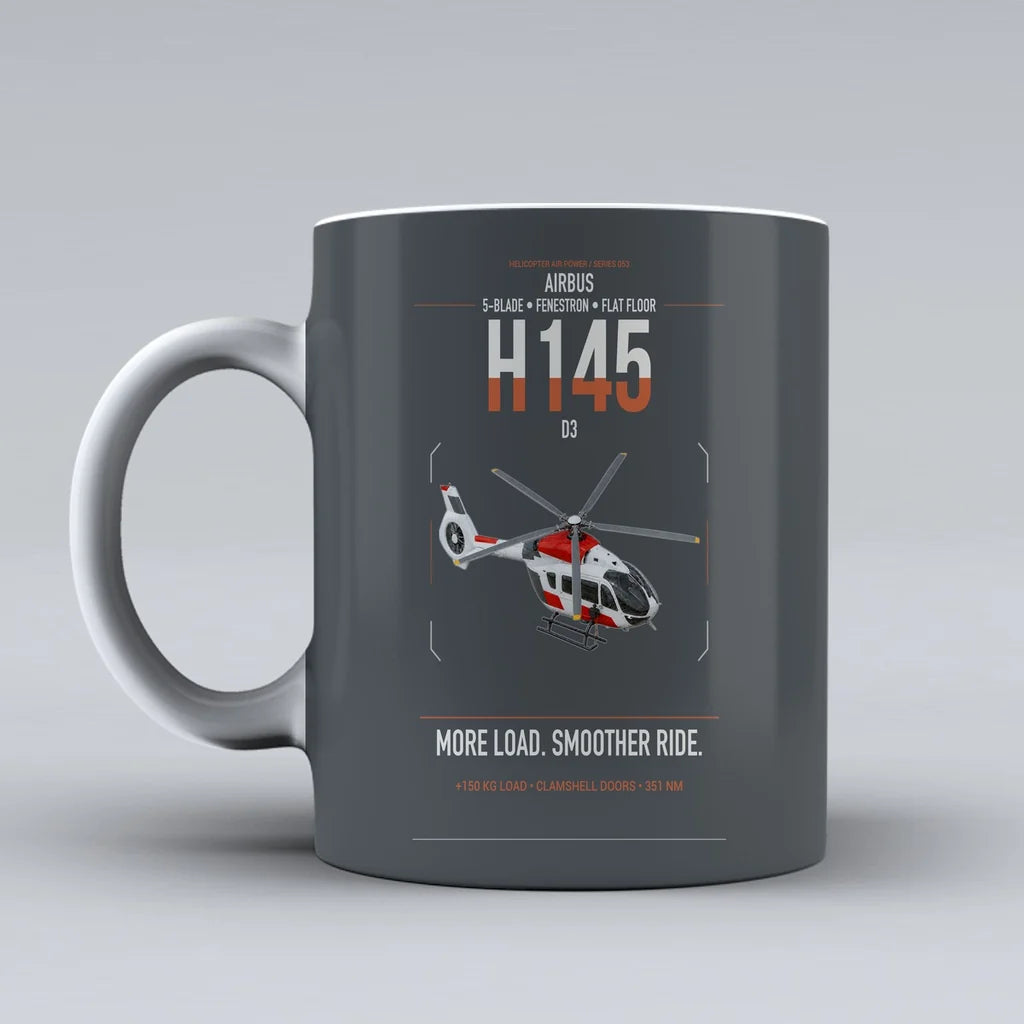 Airbus H145 D3 design on gray ceramic mug, double-side print