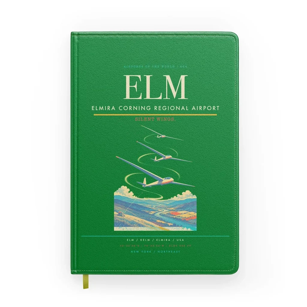 Elmira Corning Regional Airport (ELM) design on green notebook