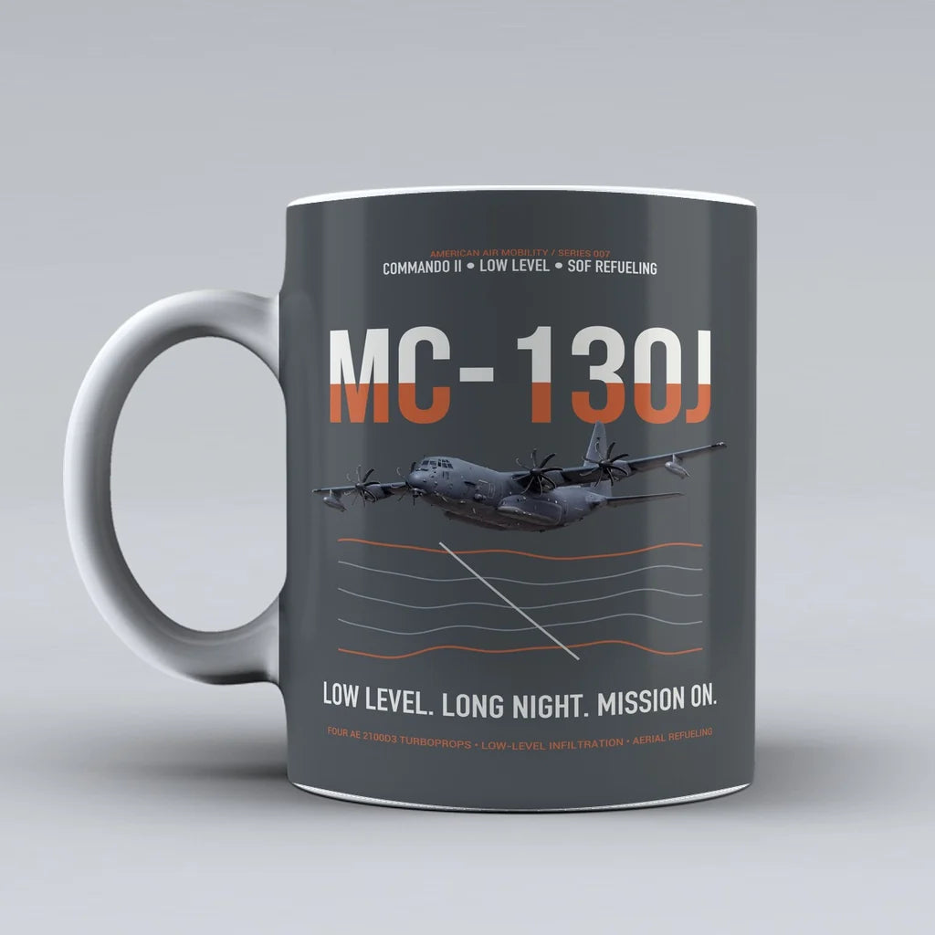 MC-130J COMMANDO II design on gray ceramic mug, double-side print