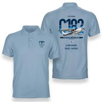 Thumbnail for Cessna 182 Skylane design on light blue double-side polo t-shirt, double-side print