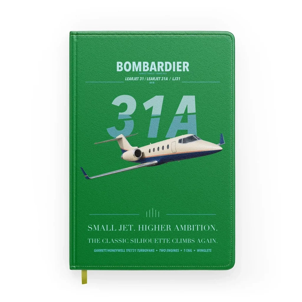 Bombardier Learjet 31A design on green notebook