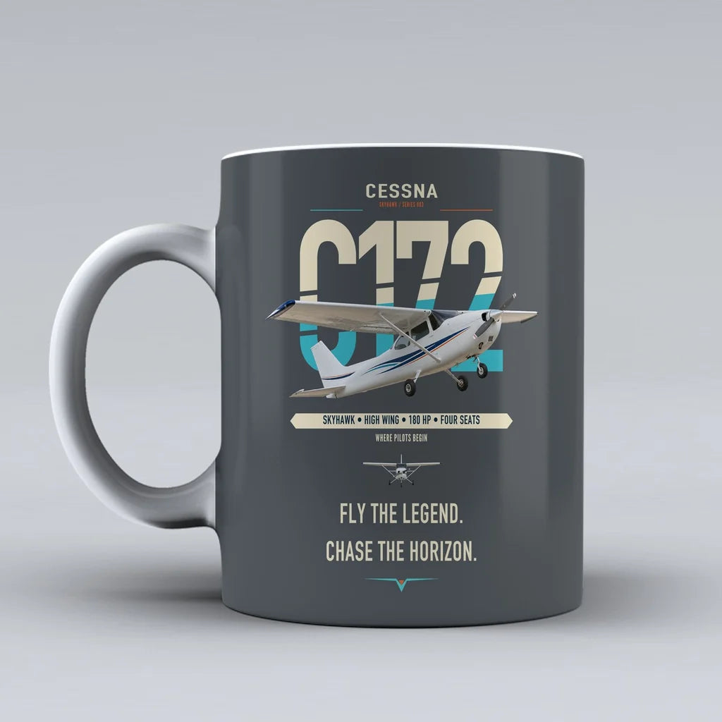 Cessna 172 Skyhawk design on gray ceramic mug, double-side print
