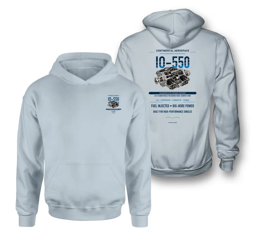 IO-550 design on light blue hoodie